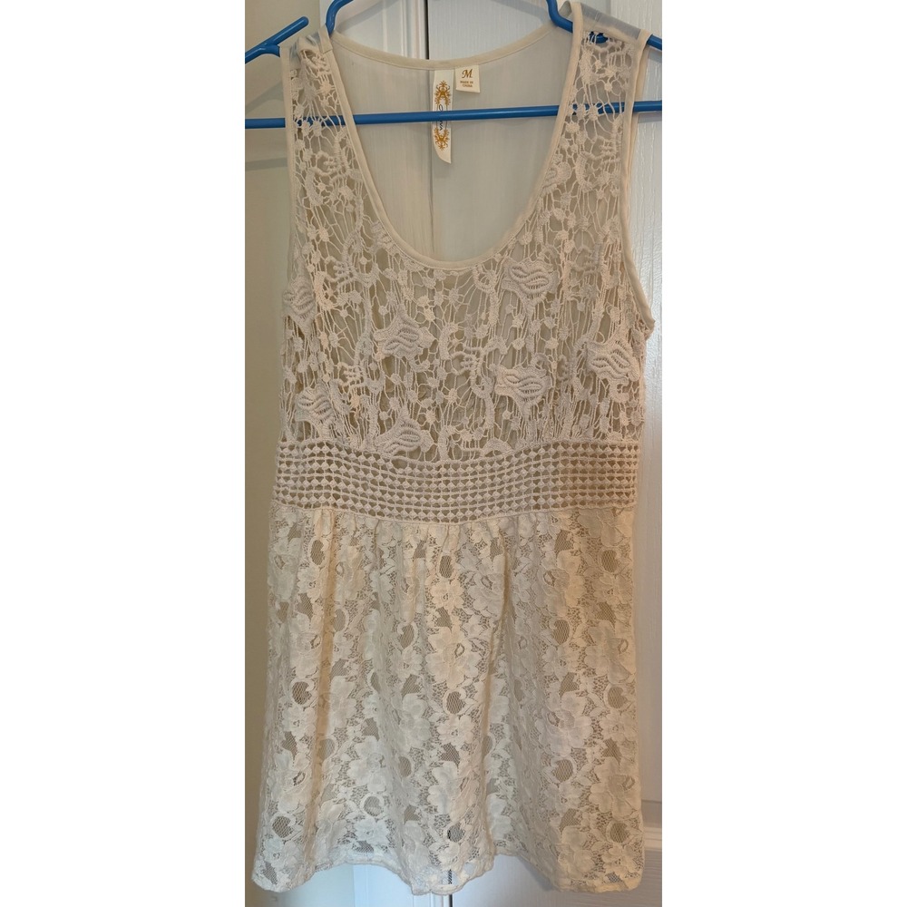 Adiva Cream Lace Boho Tunic Top Sleeveless Crochet Waist Smocked Back Ivory M